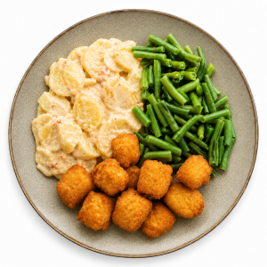 Aardappelgratin met kibbeling en boontjes