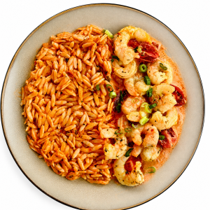 Mediterrane tomaten orzo met scampi’s